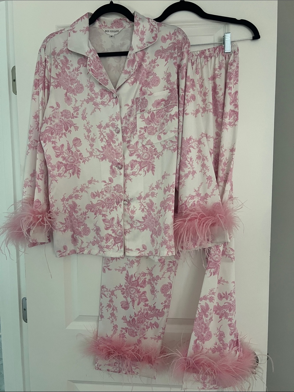 Pink Floral Feather-Trim Pajama Set